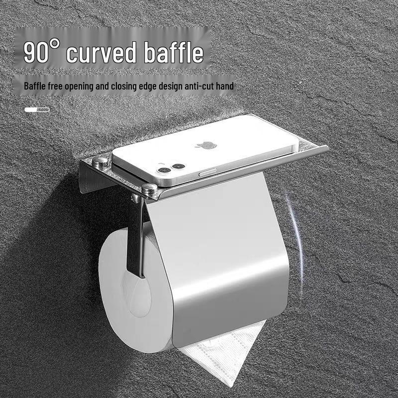 Punch-Free Stainless Steel Bathroom Tissue Holder with Phone Shelf
