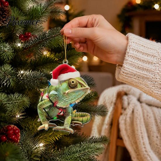 Decorative Animal Figurines for Home Christmas Hanging Ornaments with Lanyard, Cute Double Sided Pendant 2026 Kids Holiday Party Favors Santa Hat, 2D