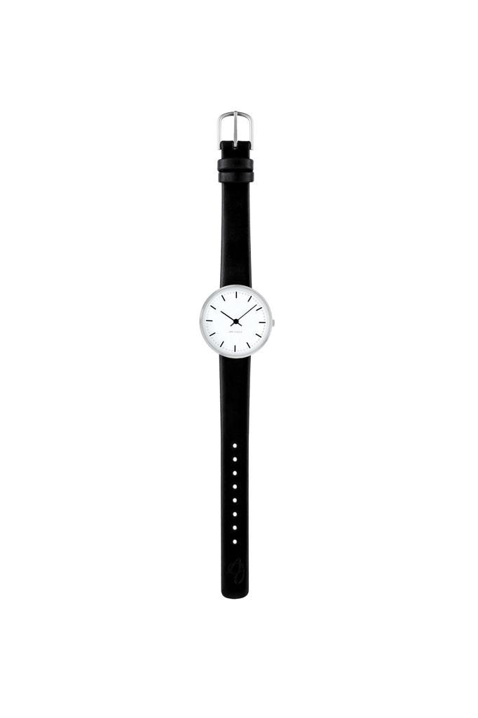 ARNE JACOBSEN CITYHALL 53200-1401 Watch, 30mm, Scandinavian Design, Water Resistant (Quiet Design with No Second Hand), White with Black Leather Strap