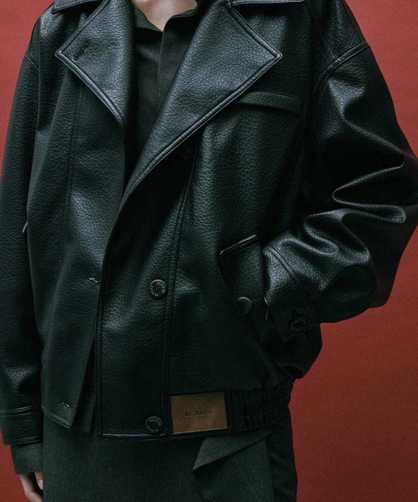 RE RHEE Oversized Leather Bomber Jacket Black