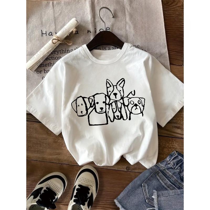 European sizes Spring And Summer Girls' Short-Sleeve T-Shirt, Hand-Drawn Line-Style Dog Group Print T-Shirt, Easy And Artistic Style Girls' Summer Top