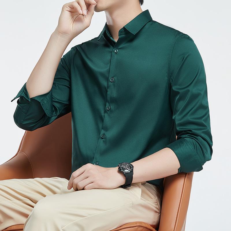 Рубашка из мерсеризованной немаркой мужской с длинным рукавом, не мнется, деловой костюм, свадебная рубашка, однотонная