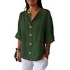 Women Shirt V-Neck 3/4 Sleeve Loose Fit Pullover Tops Buttons Decor Breathable Casual Tops Daily Wear