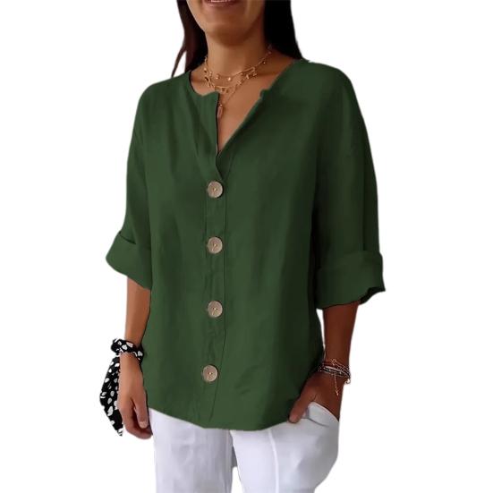 Women Shirt V-Neck 3/4 Sleeve Loose Fit Pullover Tops Buttons Decor Breathable Casual Tops Daily Wear