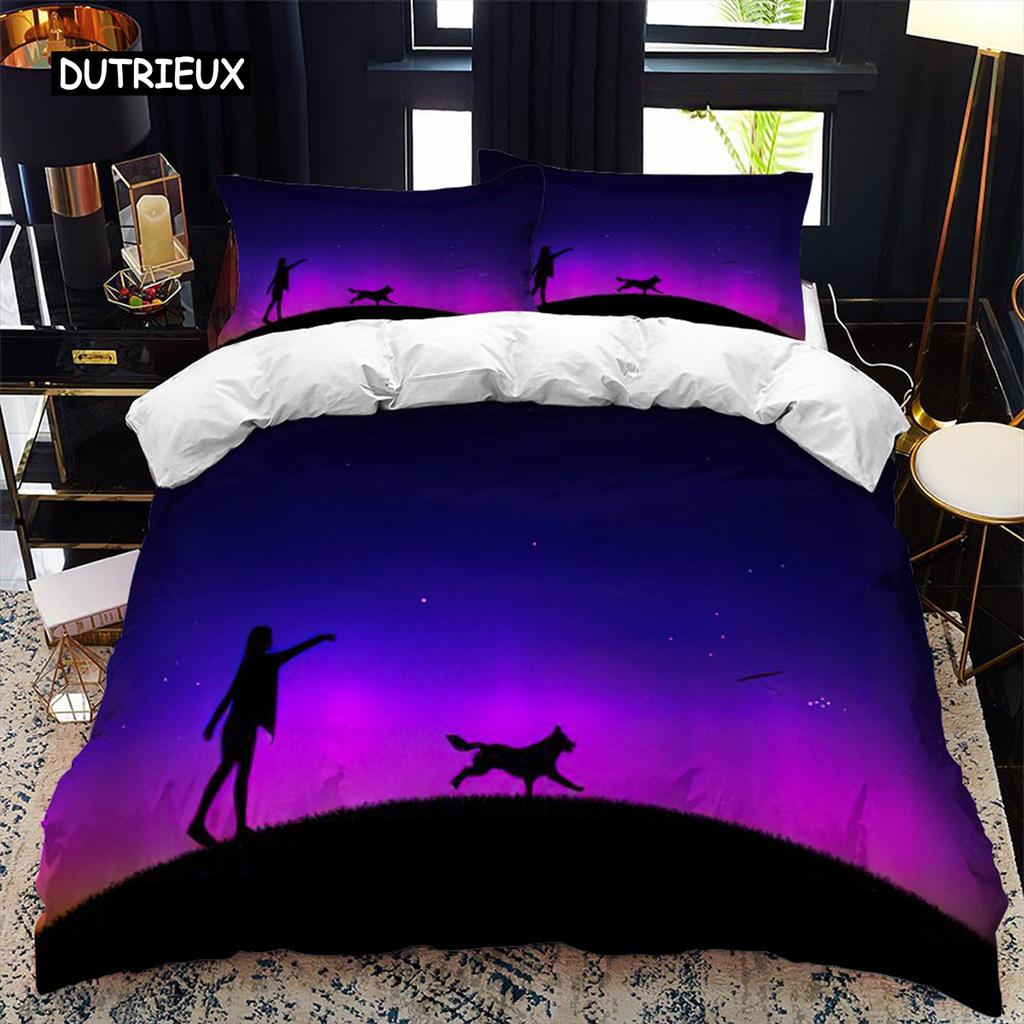 Комплект пододеяльника с силуэтом животного Воющий под луной Тема животного Пододеяльник для детей Мальчиков Микрофибра Кинг Твин Комплект постельного белья