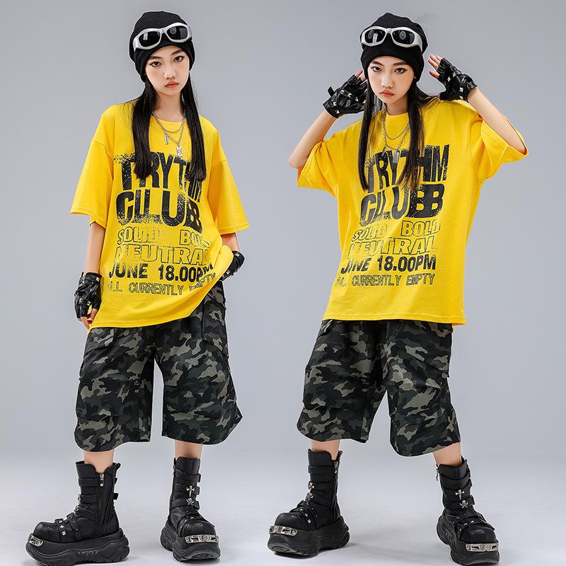 Детский модный костюм для уличных танцев - Желтый хип-хоп джазовый наряд для мальчиков и девочек