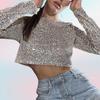 Women Crop Top Shiny Sequin O Neck Long Sleeves Waist-exposed Soft Pullover Stage Show Performance Club Party Lady Top