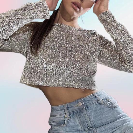 Women Crop Top Shiny Sequin O Neck Long Sleeves Waist-exposed Soft Pullover Stage Show Performance Club Party Lady Top