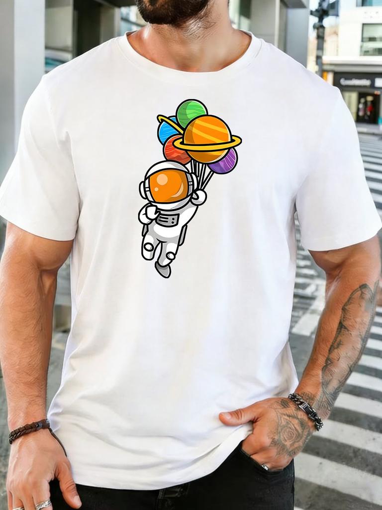 Unisex Crew Neck Tee Astronaut With Planet Balloons Cute Cartoon Print Short Sleeve Top Summer Loose Soft Casual Basic Daily Wear