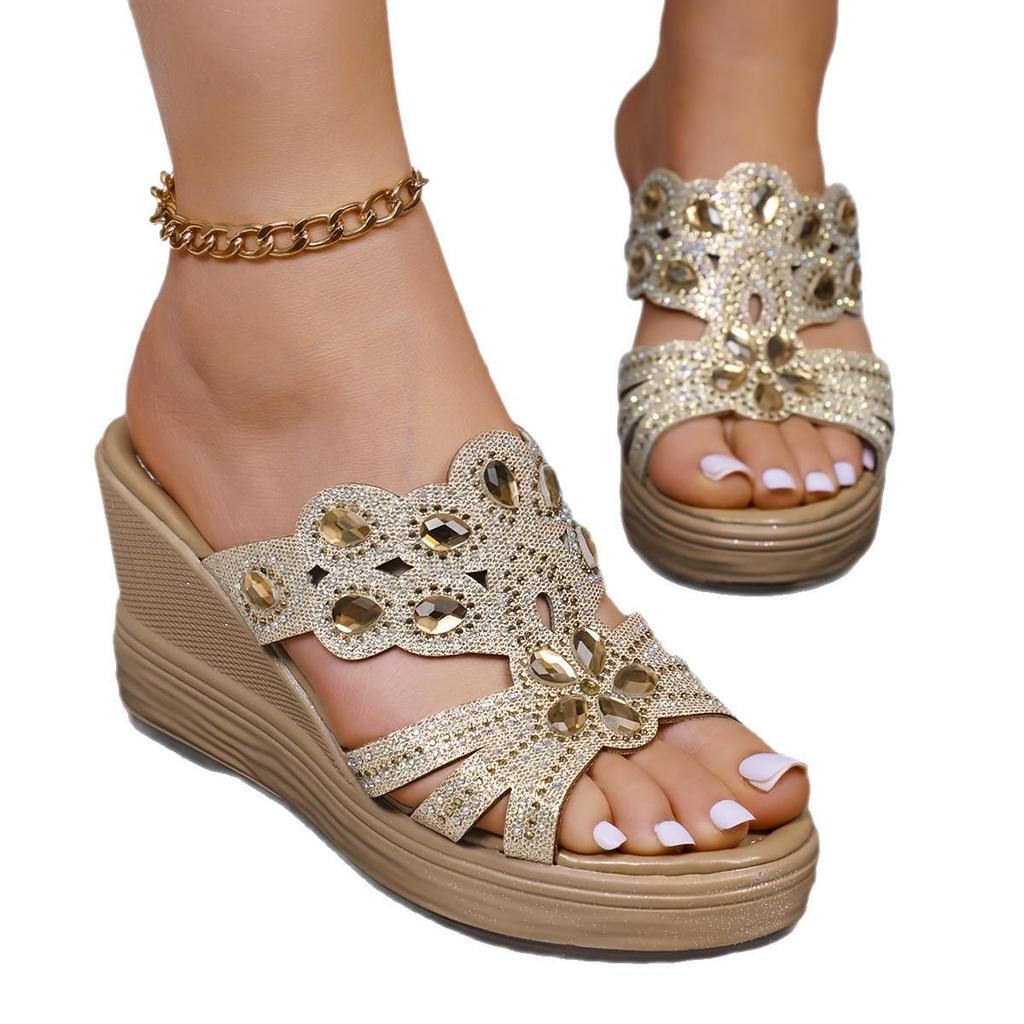 Rhinestone Peep-Toe Roman Wedge Slippers - Classic, Stylish, Plus Size, Summer Essential