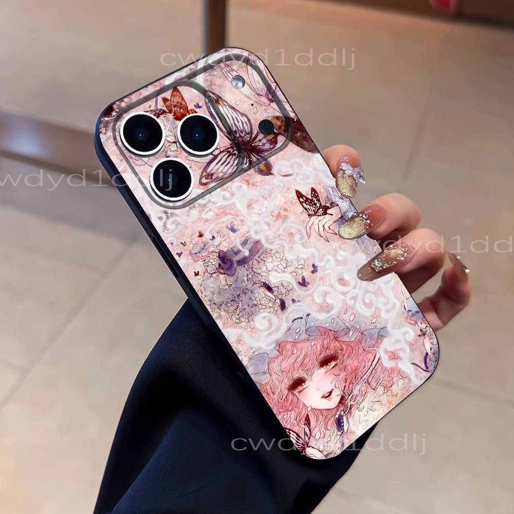 Saigyouji Y-Yuyuko Anime For iPhone 17,16,15,11,12,14,13 Pro Max Mini XS,XR,7 Plus 16E Air Soft Black Dustproof Phone Case