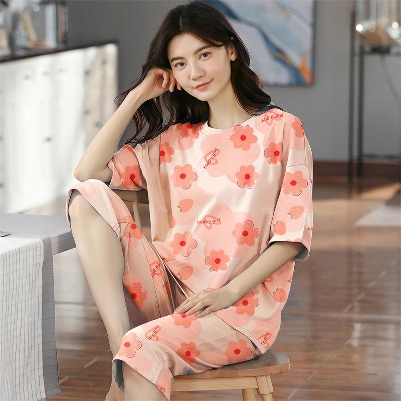 Летние капри в клетку женские пижамы для сна с короткими рукавами пижамные комплекты с рисунком пижамы из полиэстера 3XL 5XL домашняя мода