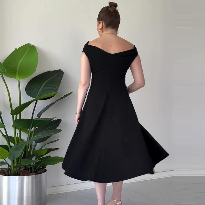2024 Европейское и американское платье в стиле Хепберн однотонное с V-образным вырезом и приталенное