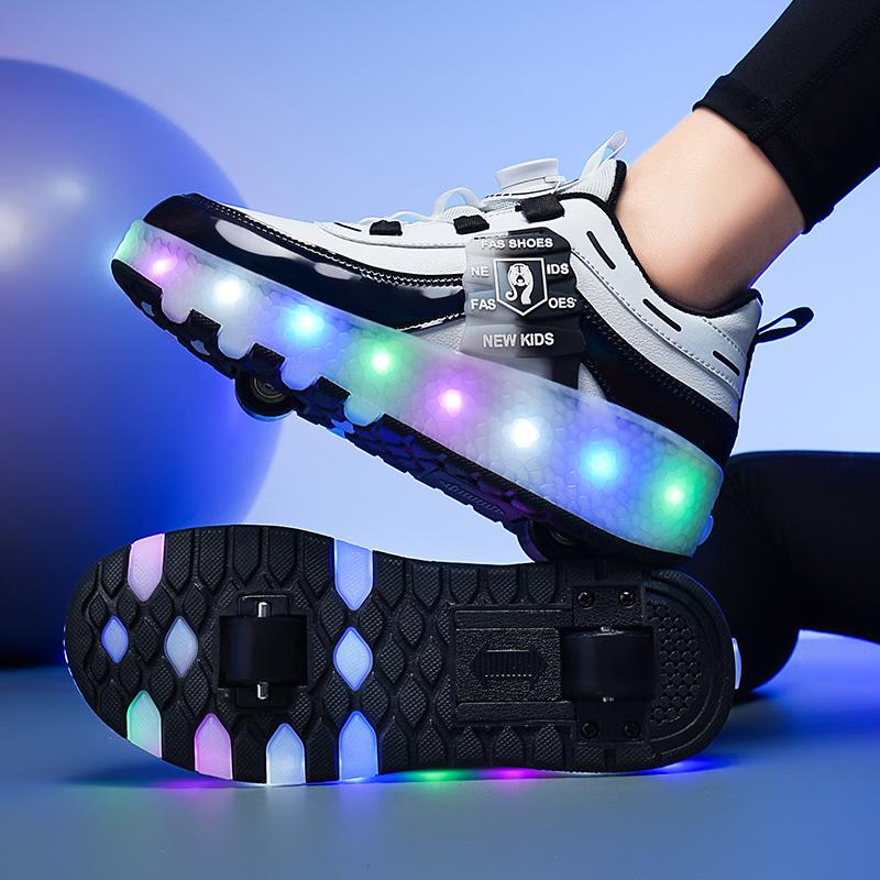 Children's Fashion Wear-resistant Rechargeable Double Row Two Wheel Pulleys Violent Walking Shoes Lighting Lights Sports Shoes Board Shoes