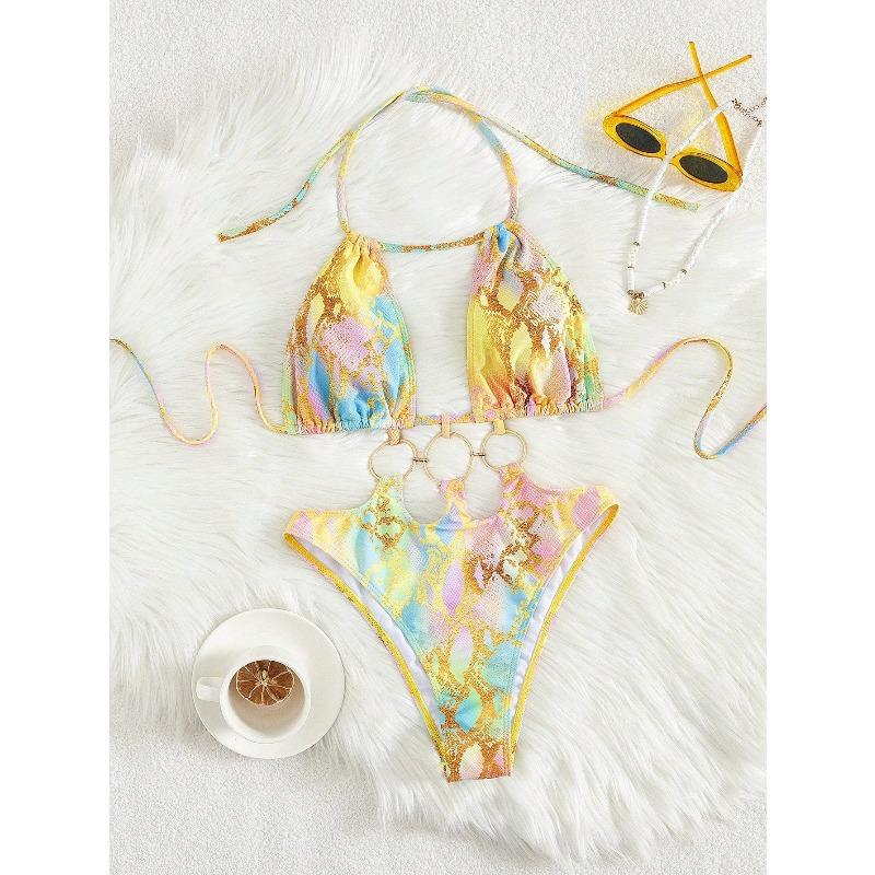 Sexy Hollow Out Backless One Piece Swimsuit 2026 Women Yellow Tie Dye Gradient Metal Circle Bathing Suit Beach Holiday Swimwear