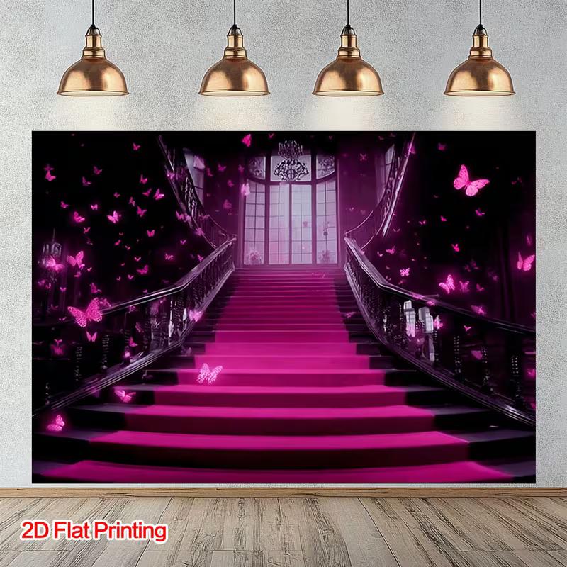 2D Glowing Butterfly Grand Staircase Photography Background Cloth for Glam Parties