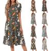 Женское свободное повседневное и модное платье с круглым вырезом и короткими рукавами, средней длины с принтом