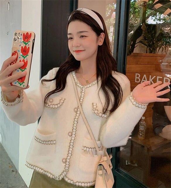 Осеннее вязаное пальто из искусственного норкового флиса, корейская мода, однобортный кардиган с круглым вырезом, повседневное короткое пальто