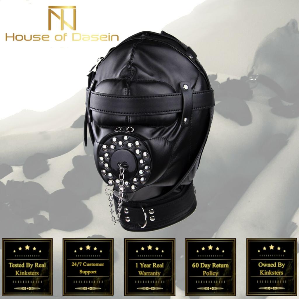 Black Full Hood Mask Plug Headwear Kink Fetish Restraints Hoods