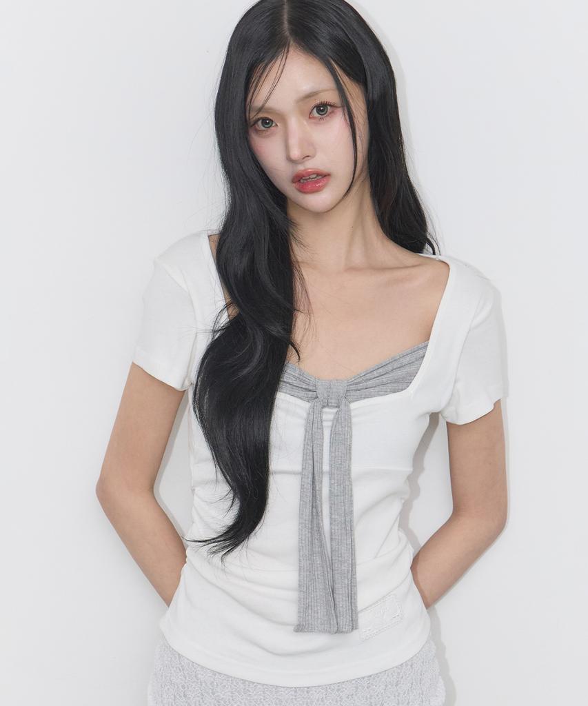 ILLIGO Layered Ribbon Tie T-Shirt White
