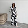 2025 Women Black and White Floral Print Long Sleeve Top and Wide Leg Pants Set Stylish and Elegant Outfit for Ladies