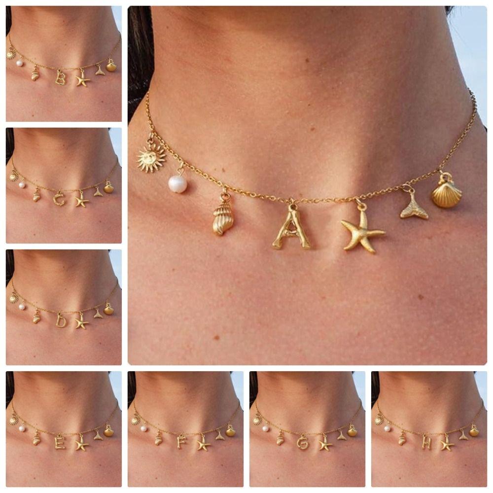 Золотая буква Подвеска Ожерелье Морская звезда Жемчуг Чокер Изящное Ракушка Ожерелье Вечерние Украшения
