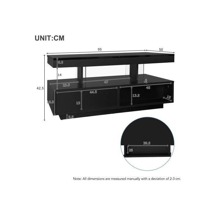 Журнальный столик - MUVOE - 95x50x42,5 см - Глянцевый черный - 4 стеклянные столешницы - 2 ящика