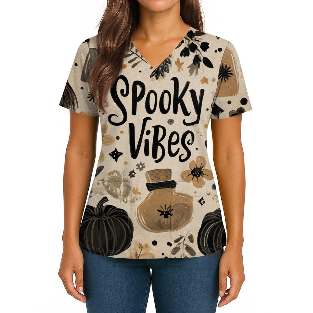 Женский Хэллоуинский Принт V-образный вырез Двойной карман Короткий рукав Разрез по подолу Топ для униформы/сиделки