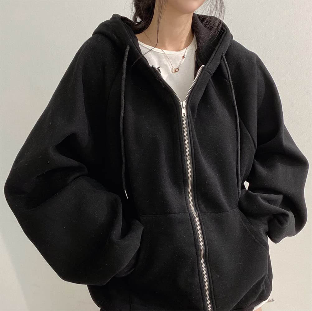 Толстовка с флисом Свободный крой Харадзюку Топ с длинным рукавом на осень и зиму QYY-1 Женская на молнии Подкладка, Плотная, Теплая, Стильная, Повседневная, По фигуре, Оверсайз,
