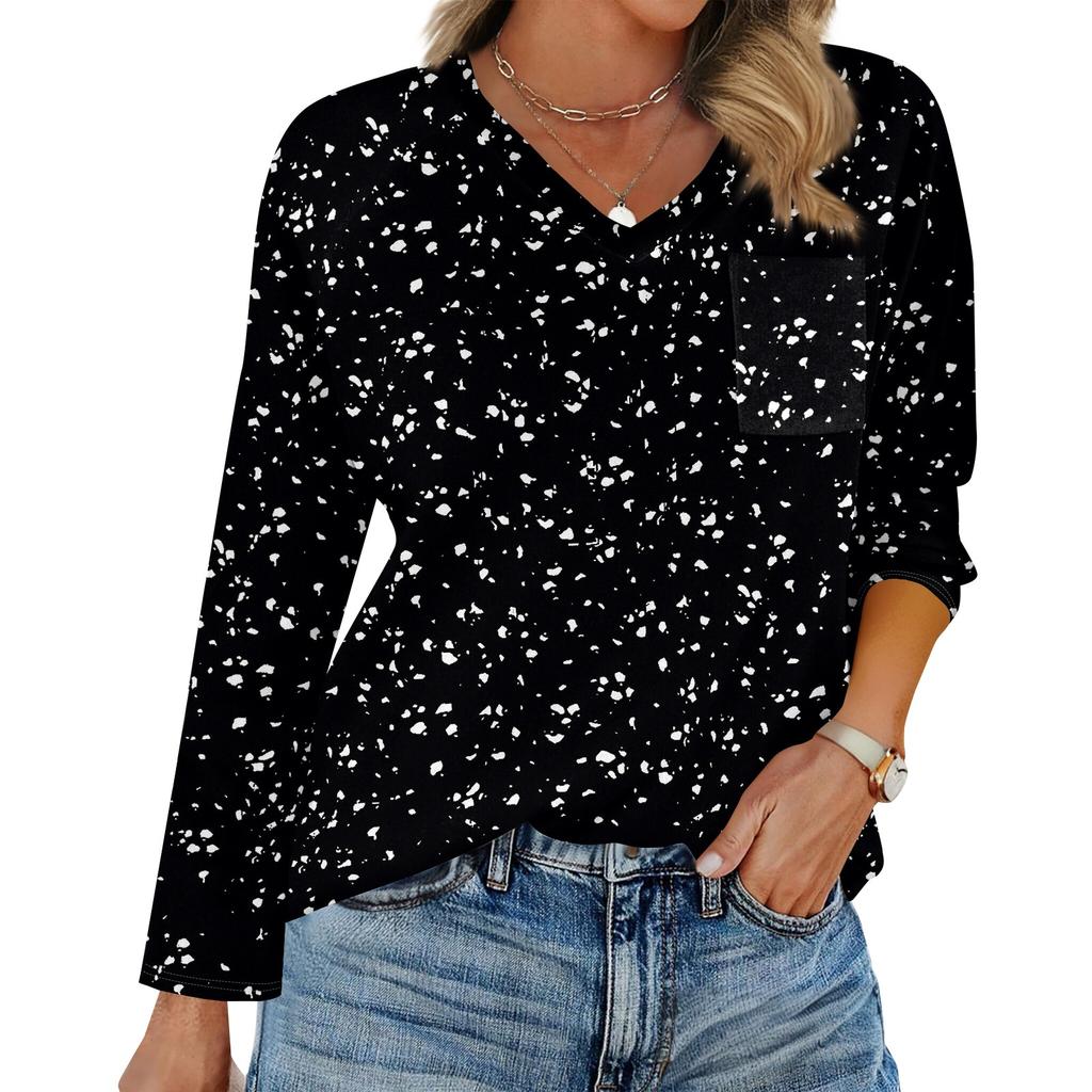 Женская футболка реглан с длинным рукавом, V-образным вырезом, вставками однотонного цвета, повседневный топ-пуловер, V-образный вырез, карман, базовая рубашка