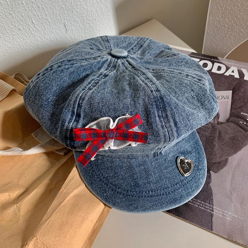 Y2K кружевной бант дизайн облако береты шапки для женщин показать лицо маленький летний осень повседневный универсальный корейский ретро джинсовый восьмиугольная шляпа