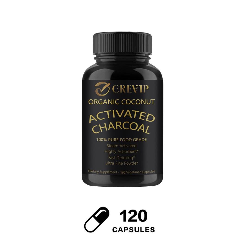 Organic coconut charcoal capsules, coconut shell charcoal, nutritional supplement, all-natural, suitable for adults.