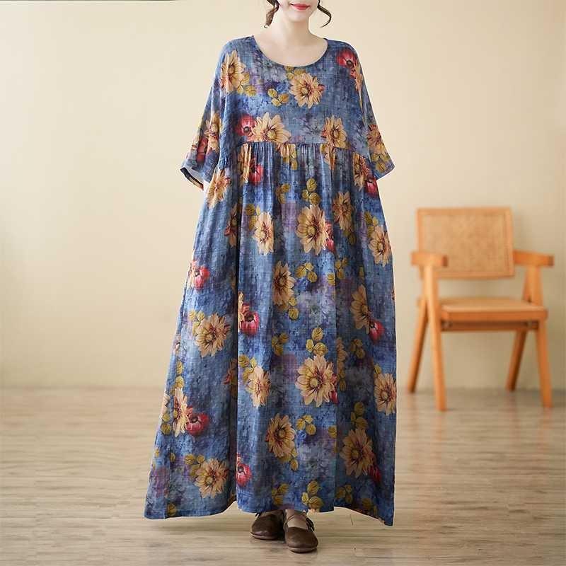 Женское платье свободного кроя из смесового льна - Свободный фасон с короткими рукавами