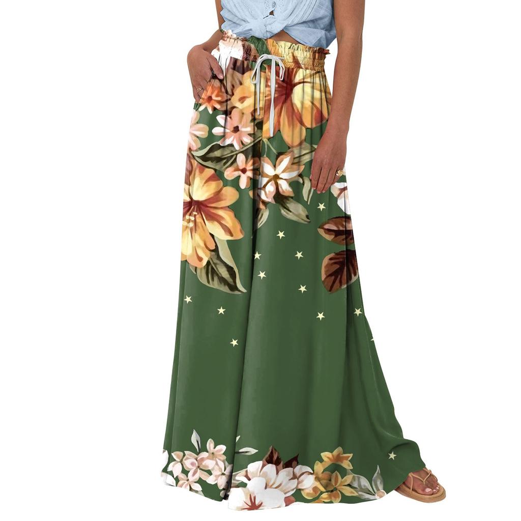 Женские широкие брюки с высокой талией, летние повседневные струящиеся брюки-палаццо, пляжные брюки с цветочным принтом и карманом