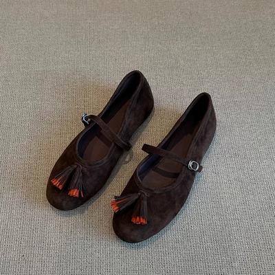 Версия из овчины ~ замшевая ниша кисточка круглый носок мелкий вырез плоские балетки с ремешком Мэри Джейн женские осенние