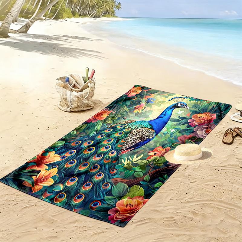 Peacock Oil Painting Print Beach Towel, Large Soft Quick Dry Towel for Beach Camping Swimming
