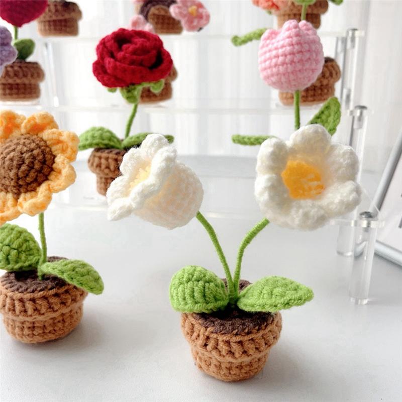 Practical-Flowers Potted Crochet Artificial Plants Finished Woven Gift Table Decoration 1 PCS D