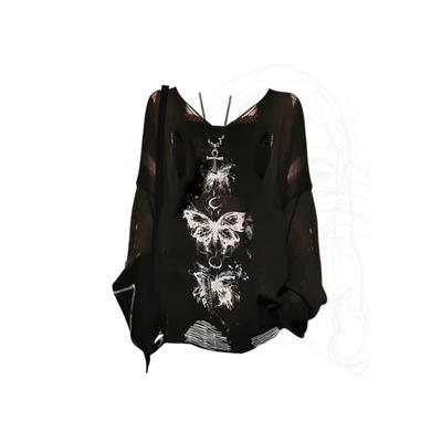 Черная готическая футболка с принтом граффити для женщин Harajuku Korean Y2k 90s Vintage Long Sleeve Emo Torn Футболки Осенняя одежда 2000s New