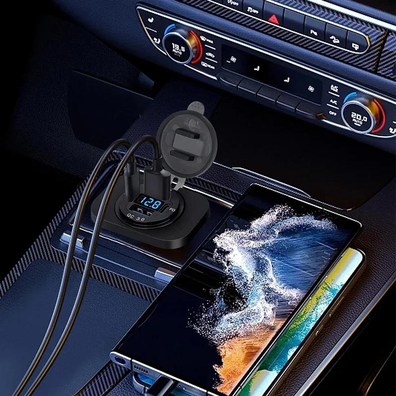 PD+QC3.0 Fast Charging USB Car Charger Socket with Voltmeter, Aluminum Alloy Waterproof Power Outlet