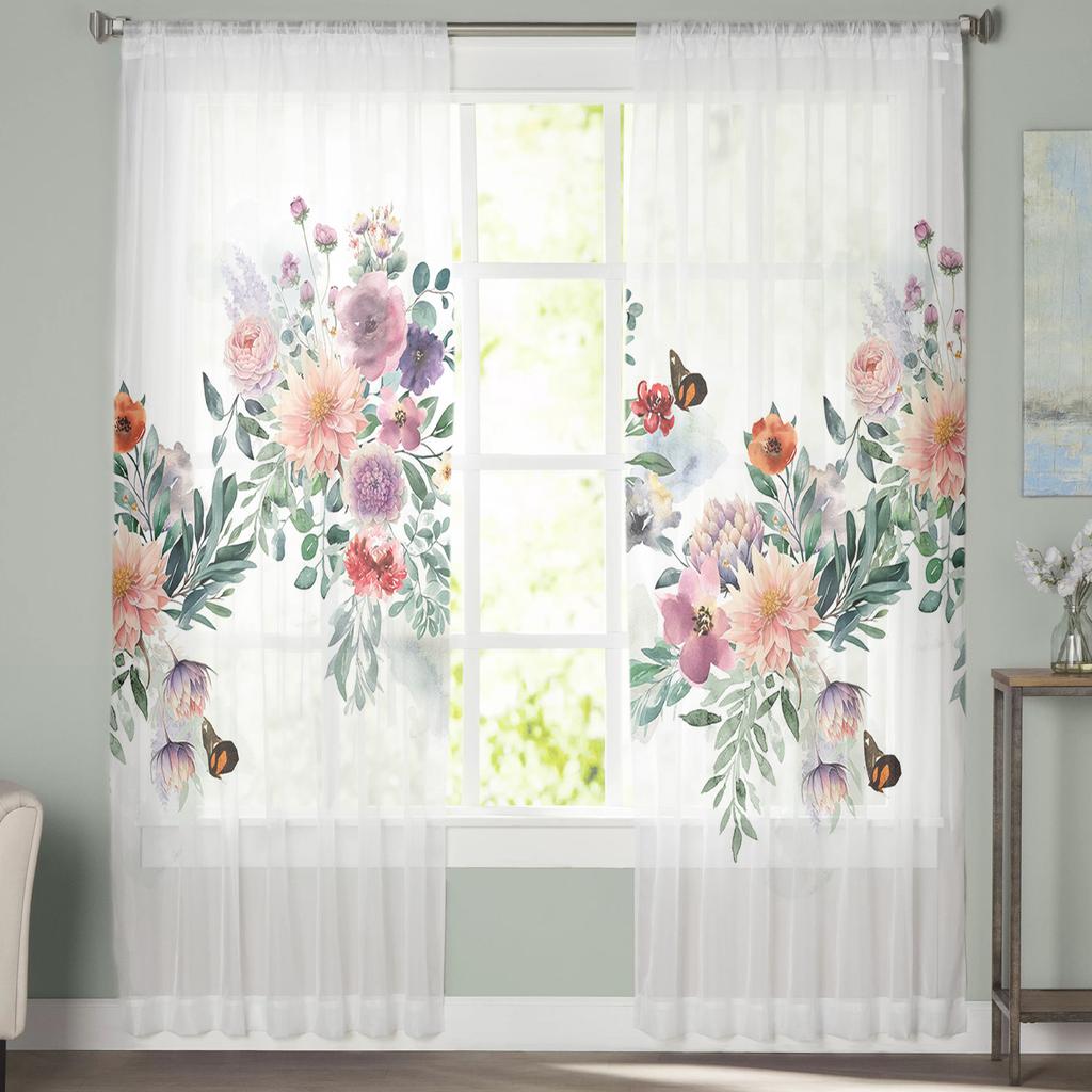 Акварельные листья, растения, цветы, бабочки, шторы для спальни, тюль, прозрачная занавеска для гостиной, домашний декор, вуаль, шторы