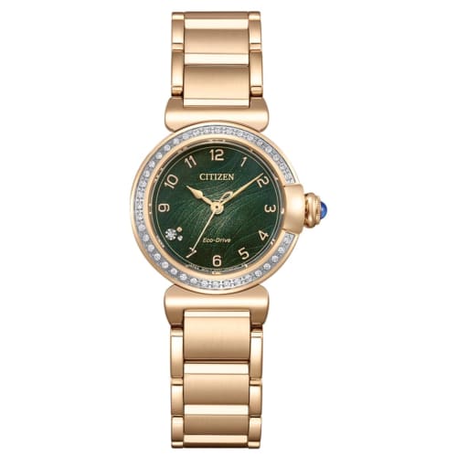 Citizen Women's Watch, Eco-Drive, Solar-Powered, Waterproof, with Spare Band, Diamond, Green, ROUND Collection, EM1123-62X, Gold