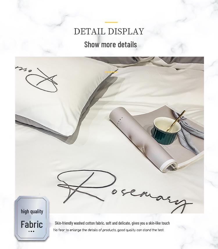 Solid Color Washed Cotton Quilt Cover with Simple Embroidery