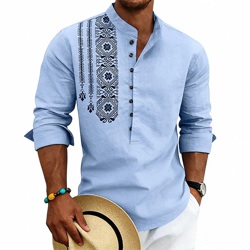 Men S Loose Bohemian Linen Blend Long Sleeve Henley Shirt