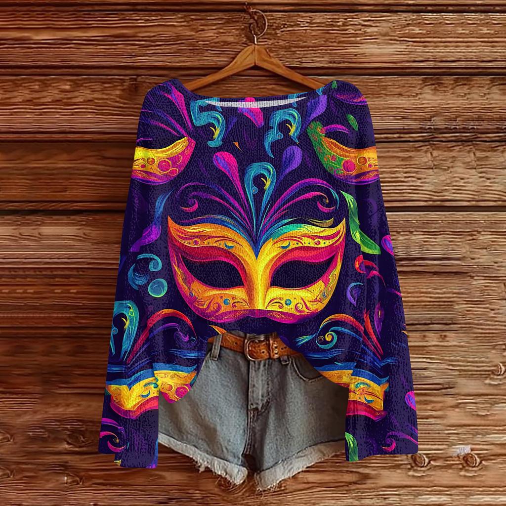 Женский повседневный модный топ с круглым вырезом, с карнавальным принтом, с длинным рукавом, вязаный пуловер