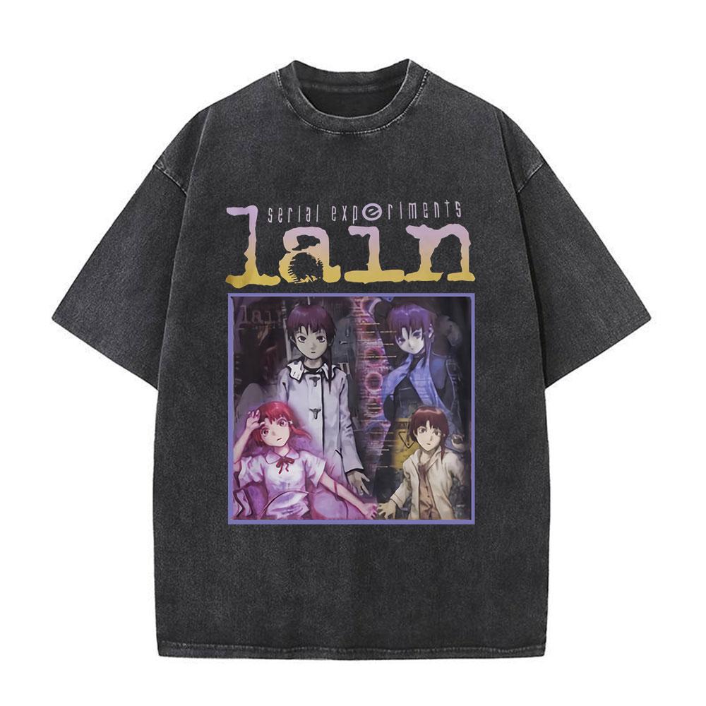 Serial Experiments Lain Anime Vintage Washed T-Shirt Manga Iwakura Girl Sci Fi Short Sleeve T-shirts 100% Cotton Casual T Shirt