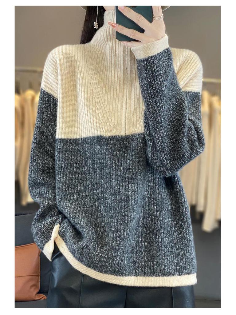 Color Block Wool Cashmere Sweater - Women's High-End Knitted Half-Open Collar Top