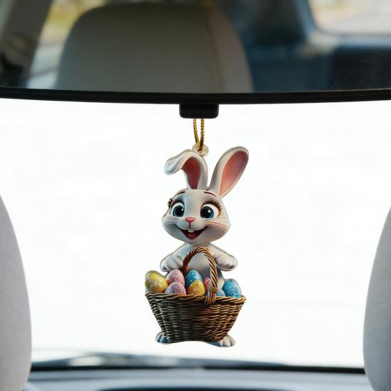 Easter Bunny Ornament 2D Flat Acrylic Bunny Car Rearview Mirror Charm Cartoon Bunny Egg Hanging