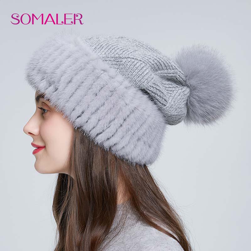 Winter Mink Fur Knitted Wool Hat for Women Fox Fur Pompom Slouchy Beanie Fashion Warm Style Cap Baggy Crochet Hat