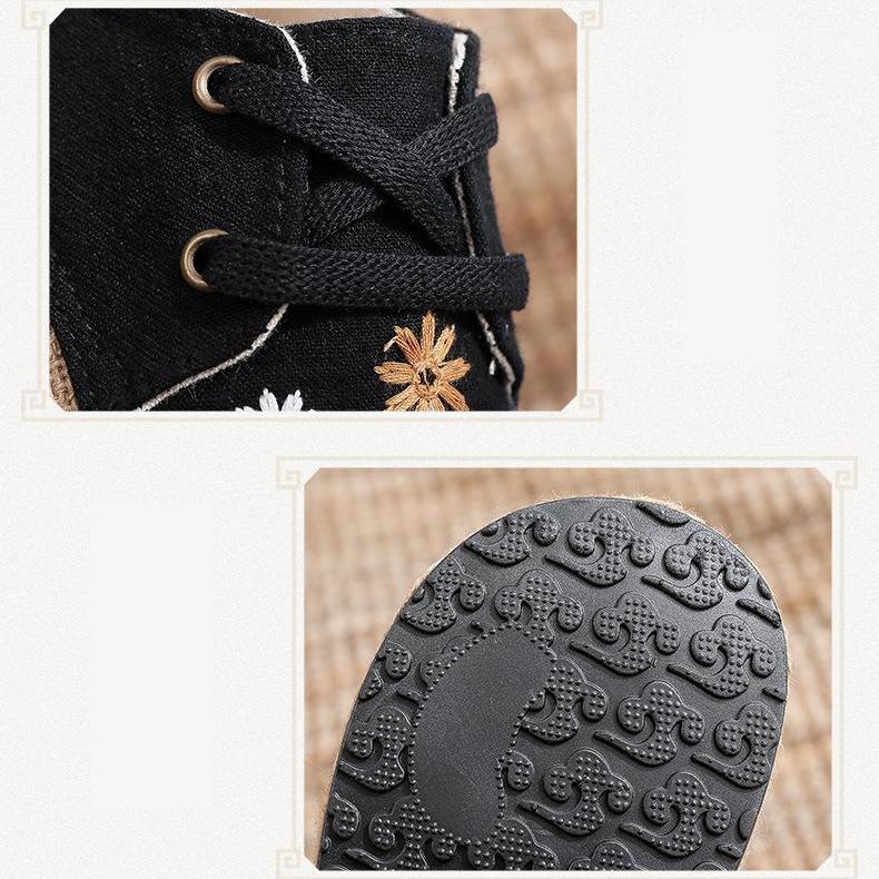 Johnature Flats Women Shoes Embroider Retro Lace-up Round Toe Cotton Linen Handmade Concise Comfortable Ladies Shoes