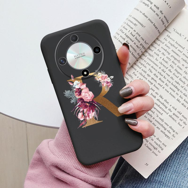 Чехол для телефона с буквой для Honor X9b X9a Magic5 Lite Magic6 Lite 5G Чехол Ретро Цветы Розовый Черный Мягкий ТПУ Силиконовый с инициалами Fundas